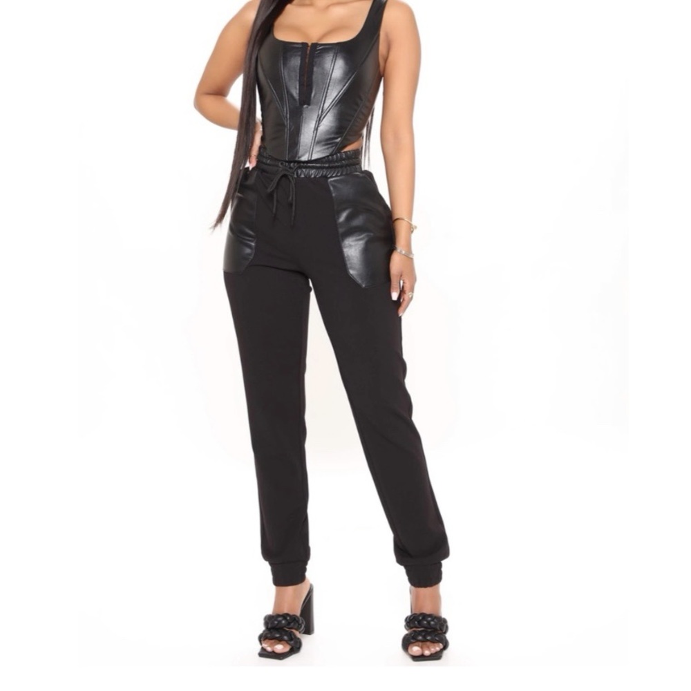Black faux leather contrast pocket fashion joggers